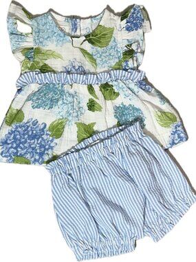 Mud Pie 3m 6m NWOT blue hydrangea pinafore seersucker bloomer set floral flower